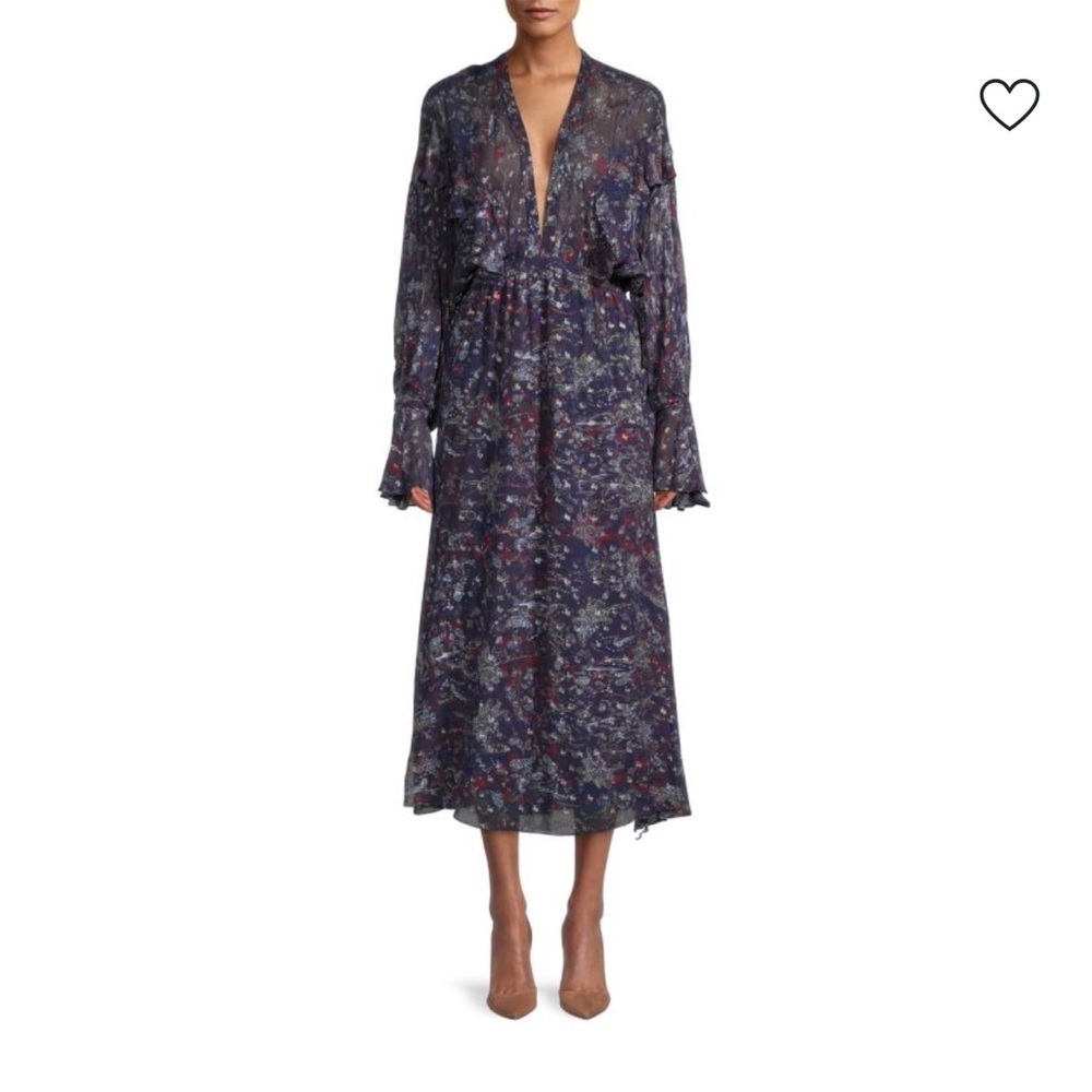 NWT IRO SKAGE SILK Ruffle Plunging V-Neckline Paisley Midi Dress Metallic Sz M